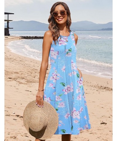 Summer Casual Dresses for Women Sleeveless Midi Dress Swing Tank Sundress Pleated Tshirt Dress with Pockets Light Blue Floral...