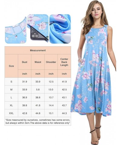 Summer Casual Dresses for Women Sleeveless Midi Dress Swing Tank Sundress Pleated Tshirt Dress with Pockets Light Blue Floral...