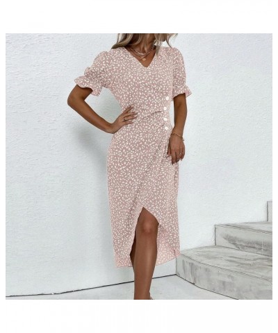 Summer Dresses for Women 2024 Casual Trendy Beach Dress V Neck A-line Boho Floral Short Sleeve Wrap Hem Maxi Dress Pink $8.63...