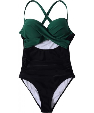 Women Wrap Cut Out One Piece Swimsuit High Waisted Monokini Bathing Suit 02 Deep Green Black $18.98 Swimsuits