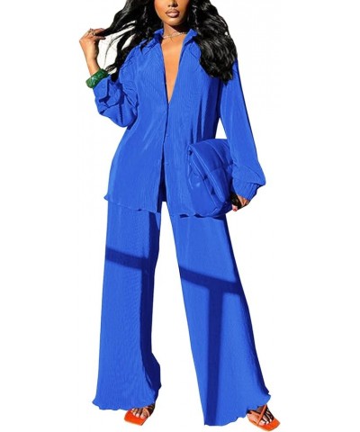 Womens Pleated 2 Piece Outfits Long Sleeve Button Down Shirt Wide Leg Pants Pajama Sets Jumpsuit Loungewear Deep Blue $21.83 ...