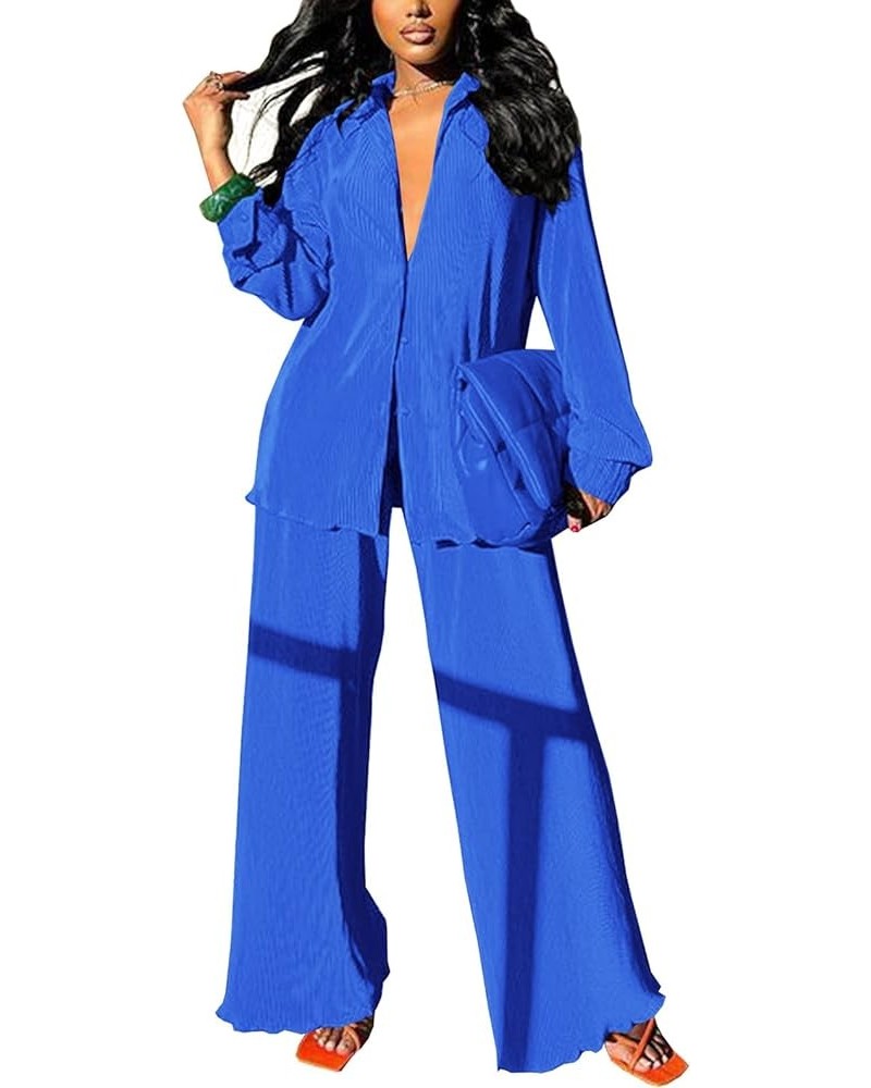 Womens Pleated 2 Piece Outfits Long Sleeve Button Down Shirt Wide Leg Pants Pajama Sets Jumpsuit Loungewear Deep Blue $21.83 ...