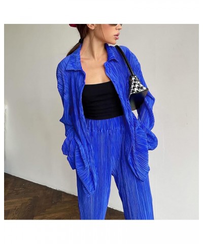 Womens Pleated 2 Piece Outfits Long Sleeve Button Down Shirt Wide Leg Pants Pajama Sets Jumpsuit Loungewear Deep Blue $21.83 ...