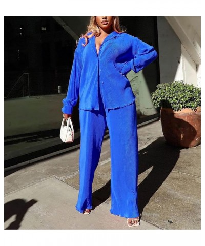 Womens Pleated 2 Piece Outfits Long Sleeve Button Down Shirt Wide Leg Pants Pajama Sets Jumpsuit Loungewear Deep Blue $21.83 ...