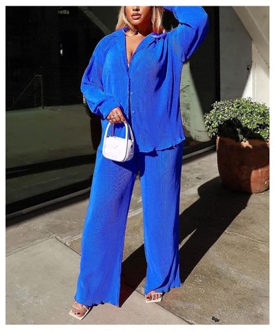 Womens Pleated 2 Piece Outfits Long Sleeve Button Down Shirt Wide Leg Pants Pajama Sets Jumpsuit Loungewear Deep Blue $21.83 ...