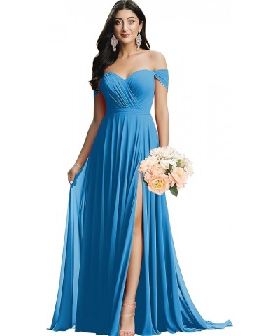 Off The Shoulder Bridesmaid Dresses for Wedding Ruched Chiffon Split Formal Evening Dress with Pockets Blue $30.24 Dresses