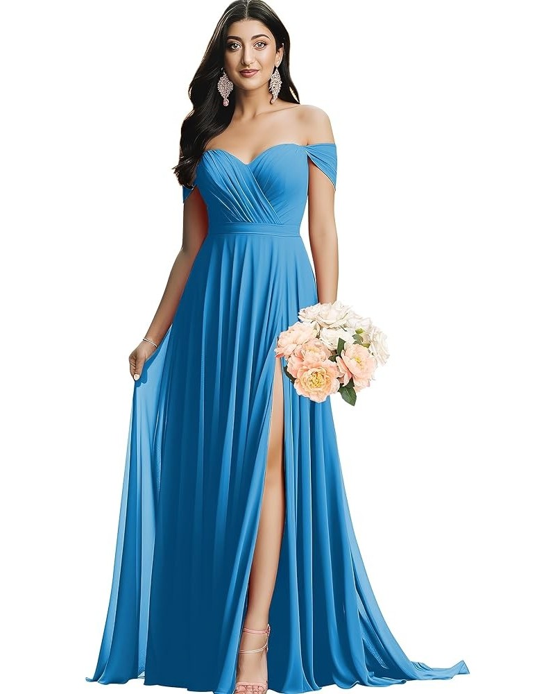 Off The Shoulder Bridesmaid Dresses for Wedding Ruched Chiffon Split Formal Evening Dress with Pockets Blue $30.24 Dresses