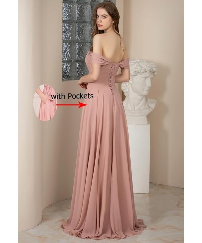 Off The Shoulder Bridesmaid Dresses for Wedding Ruched Chiffon Split Formal Evening Dress with Pockets Blue $30.24 Dresses