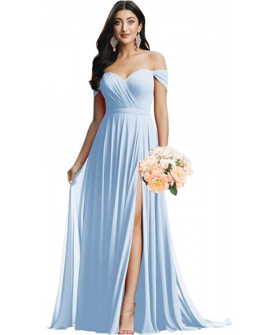 Off The Shoulder Bridesmaid Dresses for Wedding Ruched Chiffon Split Formal Evening Dress with Pockets Blue $30.24 Dresses