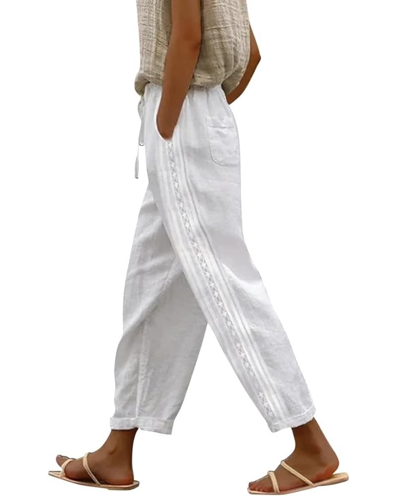 Women's 's Pants Fashion Casual Cotton Hemp Thin Breathable Hollow Stitching String Solid Color Pants, S-2XL White $9.47 Pants