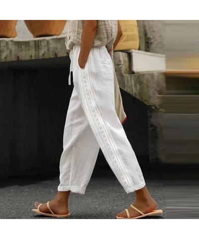 Women's 's Pants Fashion Casual Cotton Hemp Thin Breathable Hollow Stitching String Solid Color Pants, S-2XL White $9.47 Pants