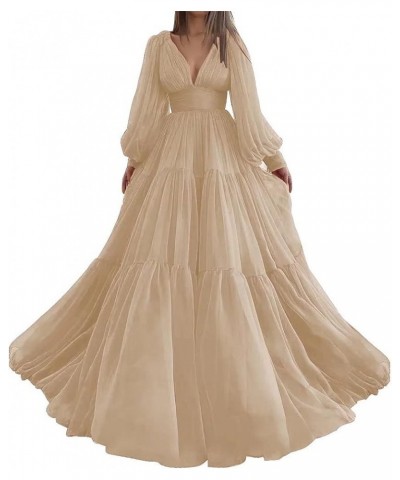 Long Puffy Sleeve Prom Dress Tulle Ball Gown for Women Wedding Dresses V Neck Formal Evening Gowns Champagne $37.80 Dresses