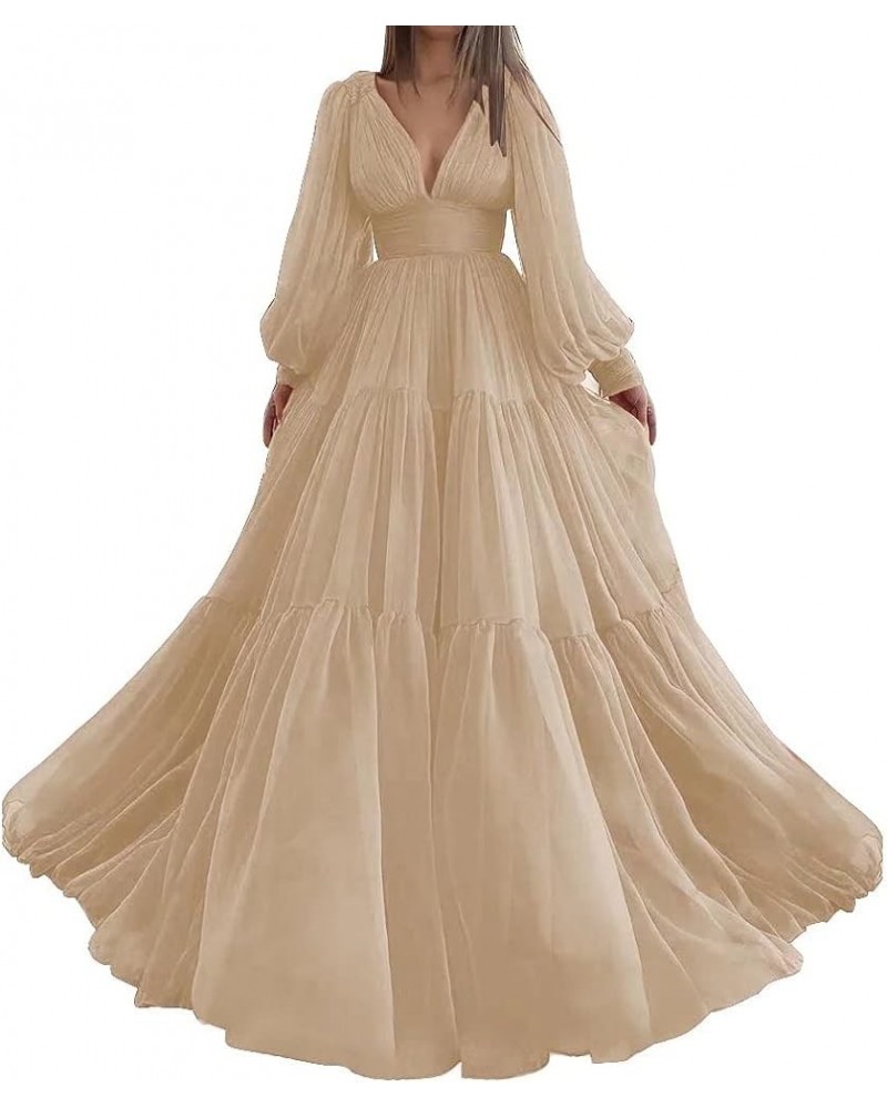 Long Puffy Sleeve Prom Dress Tulle Ball Gown for Women Wedding Dresses V Neck Formal Evening Gowns Champagne $37.80 Dresses