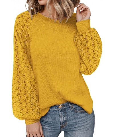 Womens-Tops Raglan Balloon Lace Long Sleeve Shirts Waffle Knit Blouses Dressy Casual Loose Tunics 01_yellow $13.05 Tops