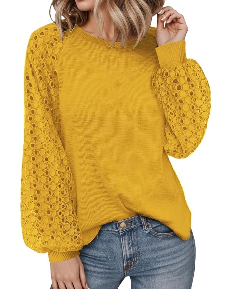 Womens-Tops Raglan Balloon Lace Long Sleeve Shirts Waffle Knit Blouses Dressy Casual Loose Tunics 01_yellow $13.05 Tops