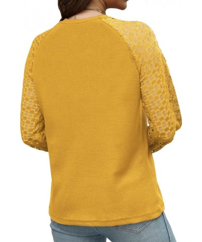 Womens-Tops Raglan Balloon Lace Long Sleeve Shirts Waffle Knit Blouses Dressy Casual Loose Tunics 01_yellow $13.05 Tops