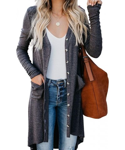 Women's Long Cardigans Button Down High Low Solid Knit Loose Cardigans with Pockets Dark Gray $16.66 Sweaters