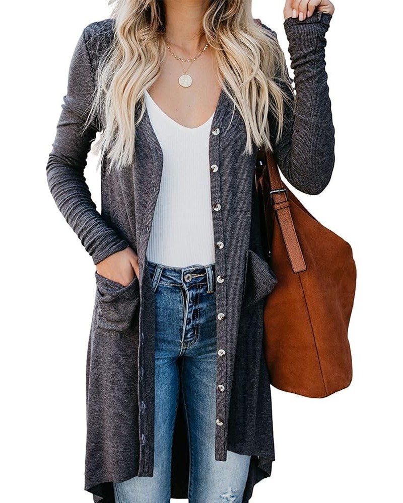 Women's Long Cardigans Button Down High Low Solid Knit Loose Cardigans with Pockets Dark Gray $16.66 Sweaters