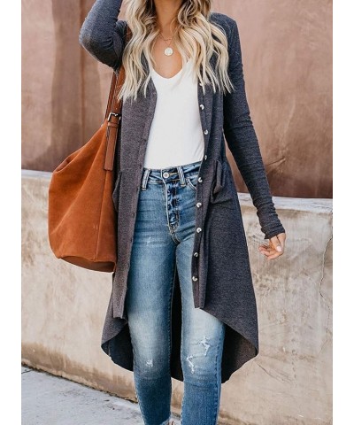 Women's Long Cardigans Button Down High Low Solid Knit Loose Cardigans with Pockets Dark Gray $16.66 Sweaters