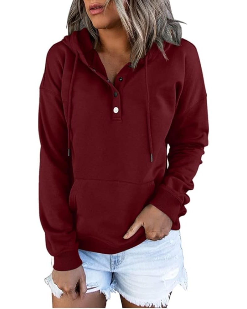 Womens Hooded Button Collar Drawstring Hoodies Spring Lightweight 2024 Casual Thin Long Sleeve Pullover Sweatshirts Wine Red ...