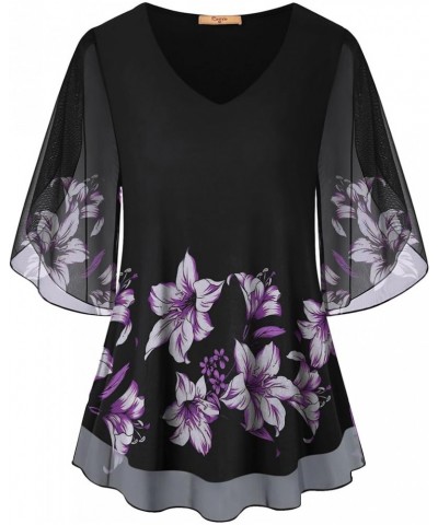 Women's Ruffle Mesh Blouses - Loose Flowy Tops with 3/4 Sleeves 7-black Purple Floral $17.15 Tops