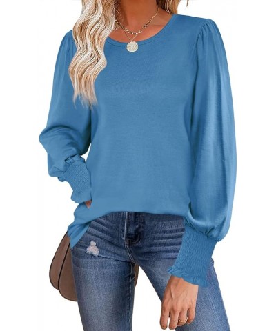 Womens Long Puff Sleeve Pullover Sweaters Crew Neck Casual Slim Fit Knitted Jumper Tops 02-blue $10.79 Sweaters