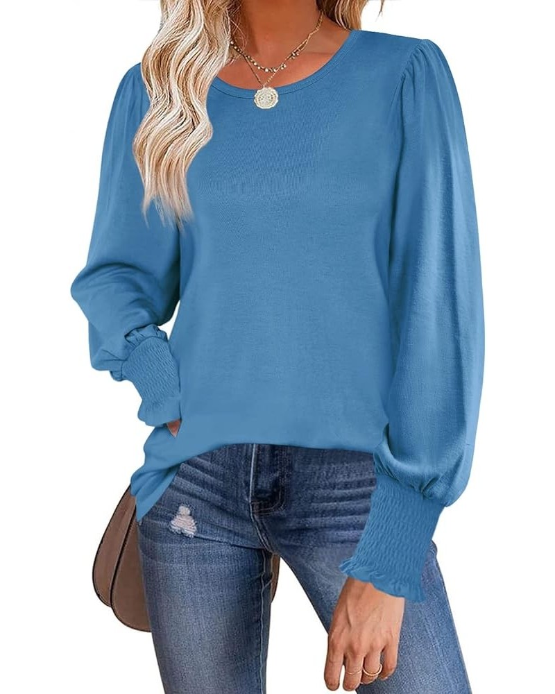 Womens Long Puff Sleeve Pullover Sweaters Crew Neck Casual Slim Fit Knitted Jumper Tops 02-blue $10.79 Sweaters