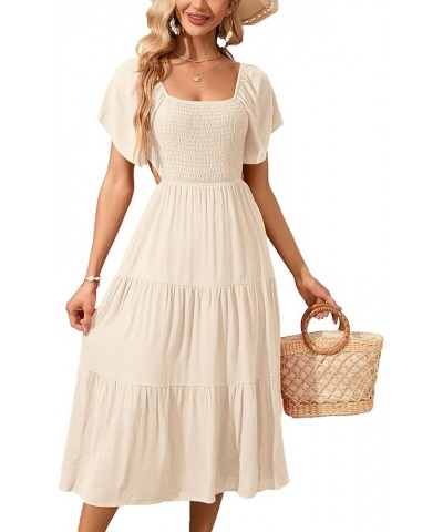 Women's Short Sleeve Square Neck Smocked Summer Dresses Cut Out Ruffle Hem Flowy Boho Maxi Dress Apricot $10.00 Dresses