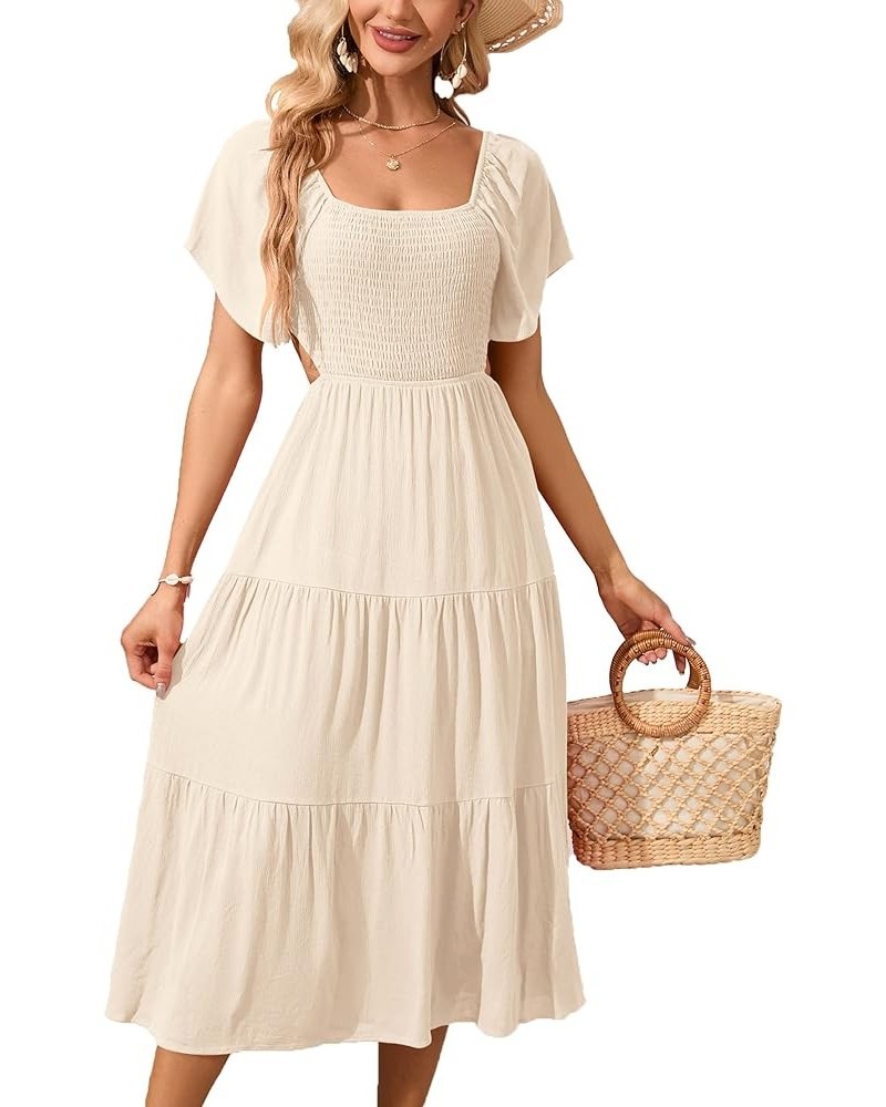 Women's Short Sleeve Square Neck Smocked Summer Dresses Cut Out Ruffle Hem Flowy Boho Maxi Dress Apricot $10.00 Dresses