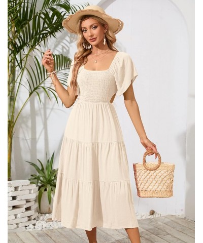 Women's Short Sleeve Square Neck Smocked Summer Dresses Cut Out Ruffle Hem Flowy Boho Maxi Dress Apricot $10.00 Dresses