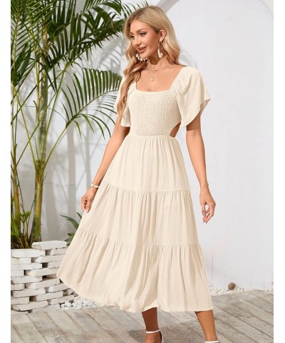 Women's Short Sleeve Square Neck Smocked Summer Dresses Cut Out Ruffle Hem Flowy Boho Maxi Dress Apricot $10.00 Dresses