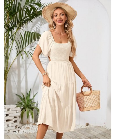 Women's Short Sleeve Square Neck Smocked Summer Dresses Cut Out Ruffle Hem Flowy Boho Maxi Dress Apricot $10.00 Dresses