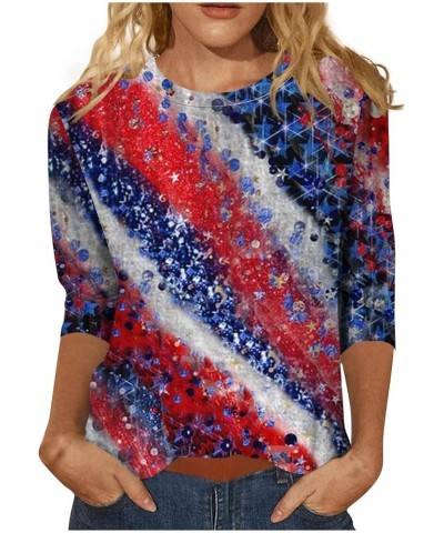 4Th of July 3/4 Length Sleeve Womens Tops Womens American Flag Patriotic Independence Day Crewneck Cute Festival Tops 03-roya...