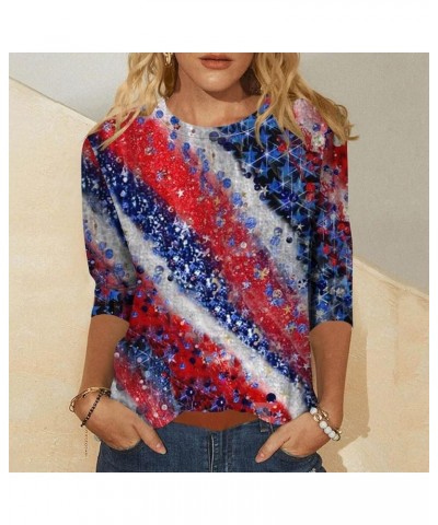 4Th of July 3/4 Length Sleeve Womens Tops Womens American Flag Patriotic Independence Day Crewneck Cute Festival Tops 03-roya...