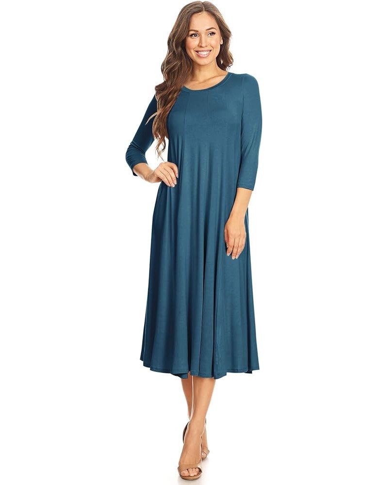 Women's Casual Basic Comfy 3/4 Sleeve Flare A-line Midi Long Maxi Dress Made in USA(S-3XL) Hdr00007 Teal $12.86 Dresses