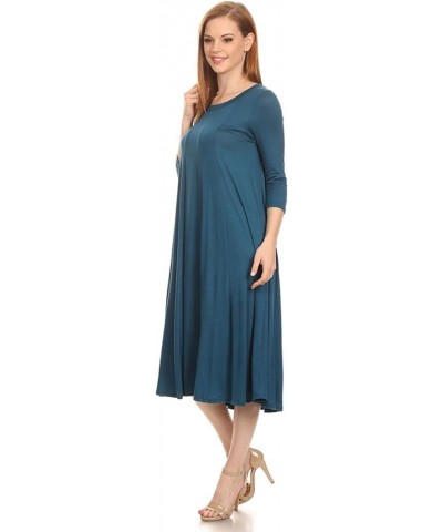 Women's Casual Basic Comfy 3/4 Sleeve Flare A-line Midi Long Maxi Dress Made in USA(S-3XL) Hdr00007 Teal $12.86 Dresses