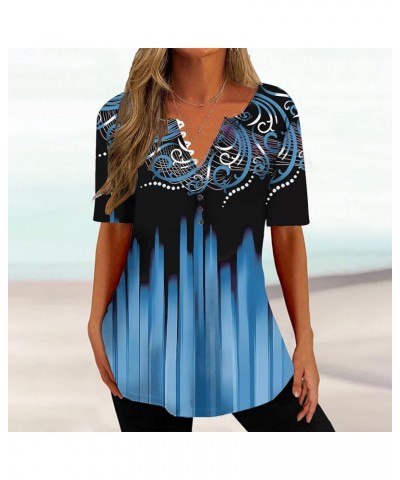 Summer Blouses for Women 2023 Paisley Short Sleeve Tunic Tops Button Down Henley Shirt Vintage Dressy Causal Clothes J015-blu...