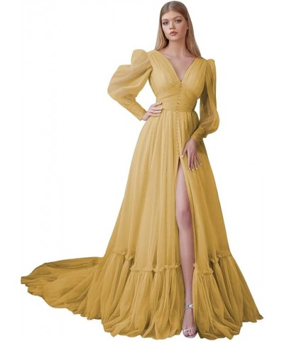 Puffy Sleeve Tulle Prom Dresses Long Ball Gown with Slit for Women 2024 V Neck Long Formal Evening Gowns Gold $50.04 Dresses