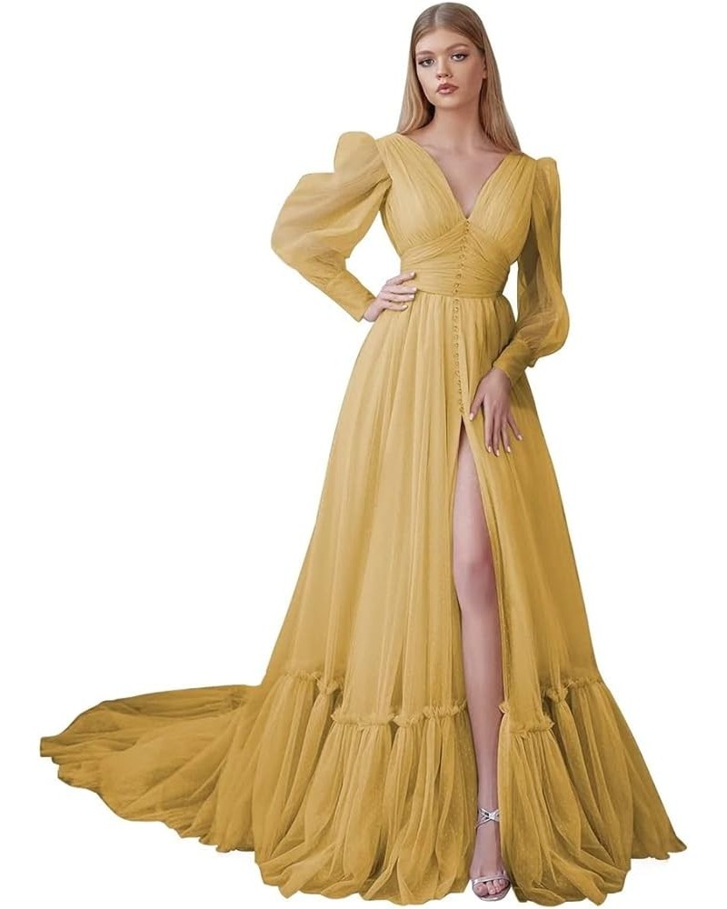 Puffy Sleeve Tulle Prom Dresses Long Ball Gown with Slit for Women 2024 V Neck Long Formal Evening Gowns Gold $50.04 Dresses