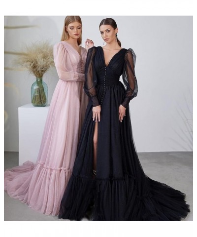 Puffy Sleeve Tulle Prom Dresses Long Ball Gown with Slit for Women 2024 V Neck Long Formal Evening Gowns Gold $50.04 Dresses