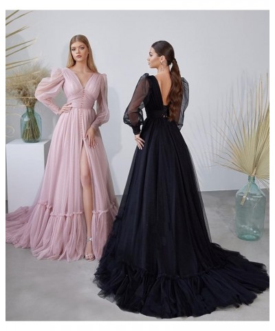 Puffy Sleeve Tulle Prom Dresses Long Ball Gown with Slit for Women 2024 V Neck Long Formal Evening Gowns Gold $50.04 Dresses