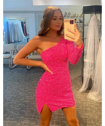 Sparkly Sequin One Shoulder Homecoming Dresses for Teens 2024 Long Sleeve Prom Dress Short Navy Blue $28.59 Dresses