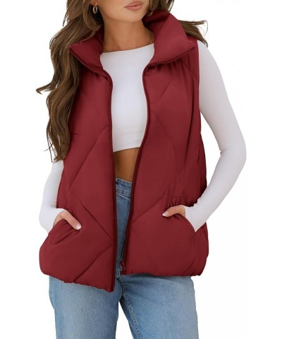 Womens 2024 Puffer Vest Sleeveless Zip Up Quilted Coat Stand Collar Gilet Jacket With Pockets Wine Red $19.60 Vests