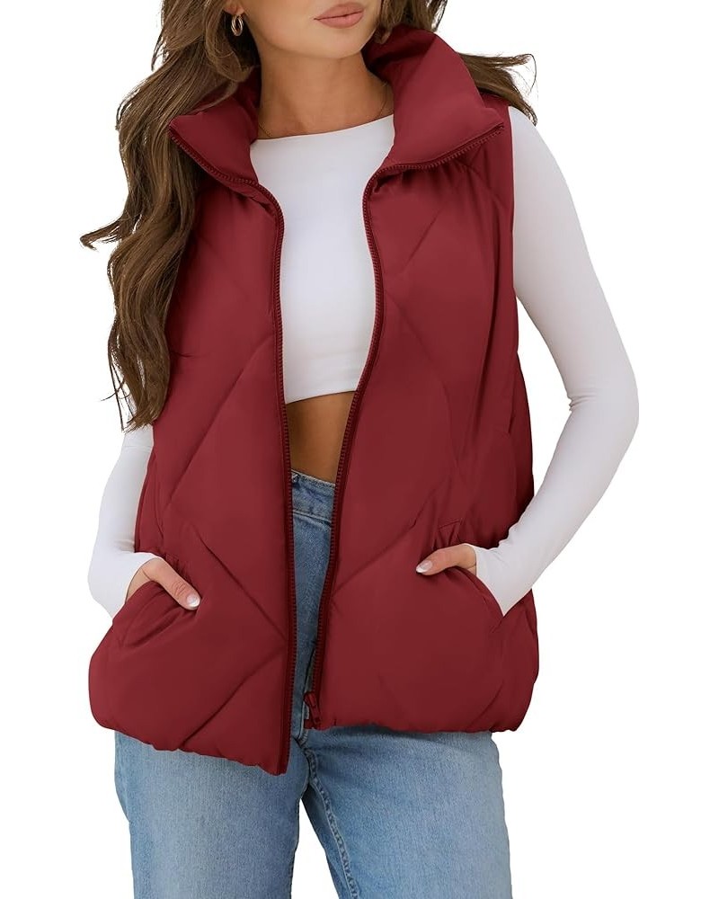 Womens 2024 Puffer Vest Sleeveless Zip Up Quilted Coat Stand Collar Gilet Jacket With Pockets Wine Red $19.60 Vests