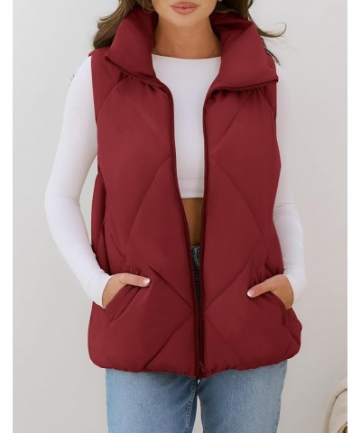 Womens 2024 Puffer Vest Sleeveless Zip Up Quilted Coat Stand Collar Gilet Jacket With Pockets Wine Red $19.60 Vests