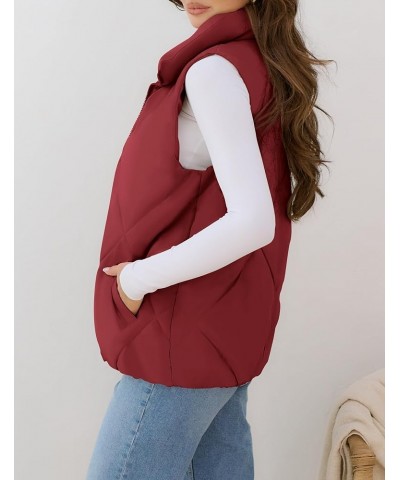 Womens 2024 Puffer Vest Sleeveless Zip Up Quilted Coat Stand Collar Gilet Jacket With Pockets Wine Red $19.60 Vests