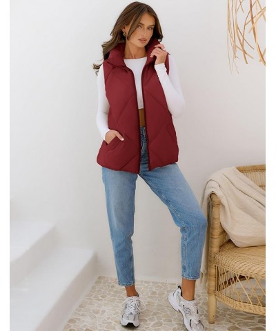 Womens 2024 Puffer Vest Sleeveless Zip Up Quilted Coat Stand Collar Gilet Jacket With Pockets Wine Red $19.60 Vests