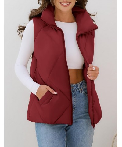 Womens 2024 Puffer Vest Sleeveless Zip Up Quilted Coat Stand Collar Gilet Jacket With Pockets Wine Red $19.60 Vests