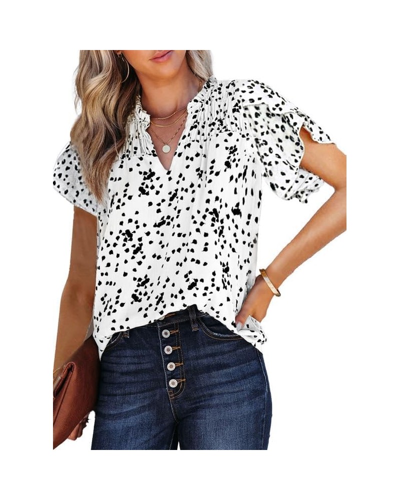 Women's Casual V Neck Alicia Floral Print Smocked Short Sleeve Chiffon Blouses Bohemian Top Shirts White $10.53 Blouses