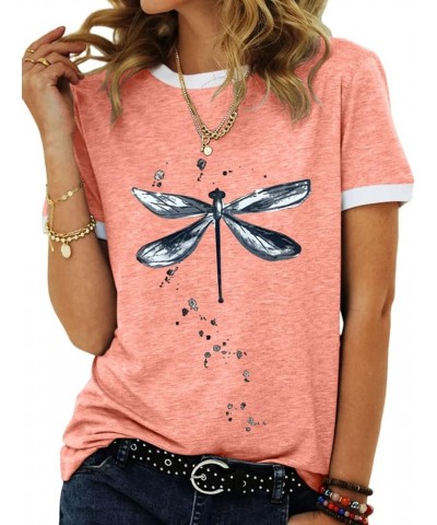 Women's Graphic Tees Casual Summer Funny Dragonfly Printed Short Sleeve Cute T Shirts Tops Pink $11.50 T-Shirts